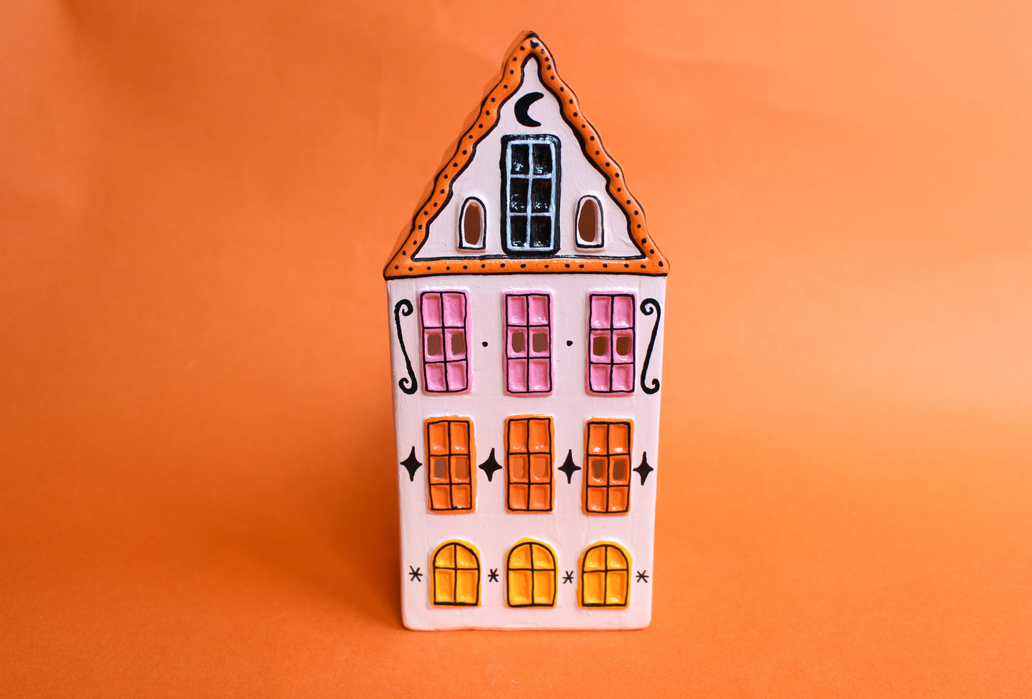 Tall Ceramic Tealight House - Orange/Pink/Yellow