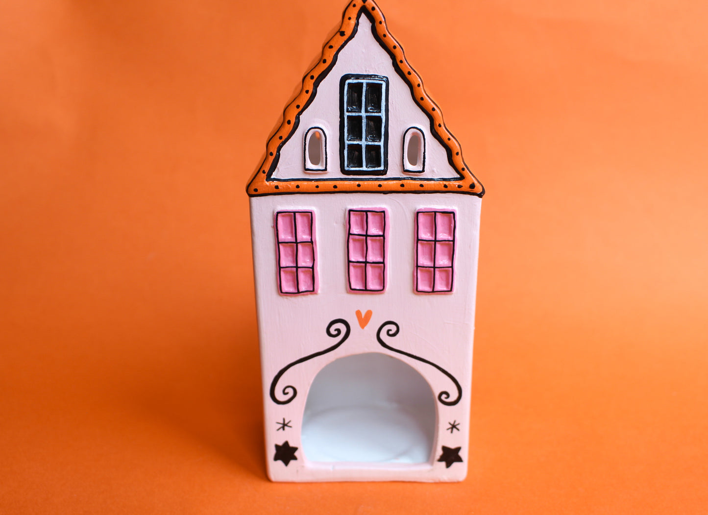 Tall Ceramic Tealight House - Orange/Pink/Yellow