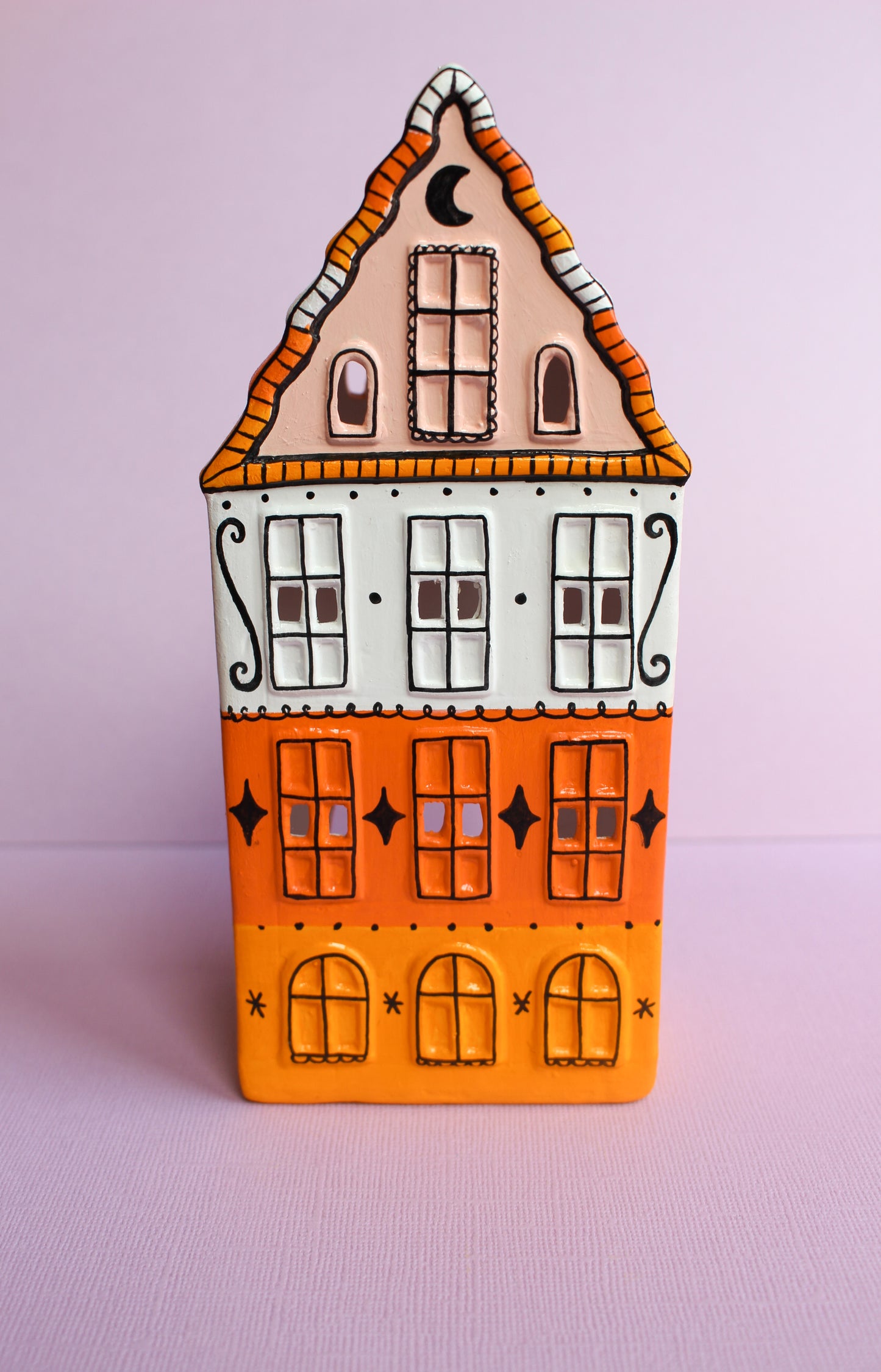 Tall Ceramic Tealight House - Orange/White/Yellow