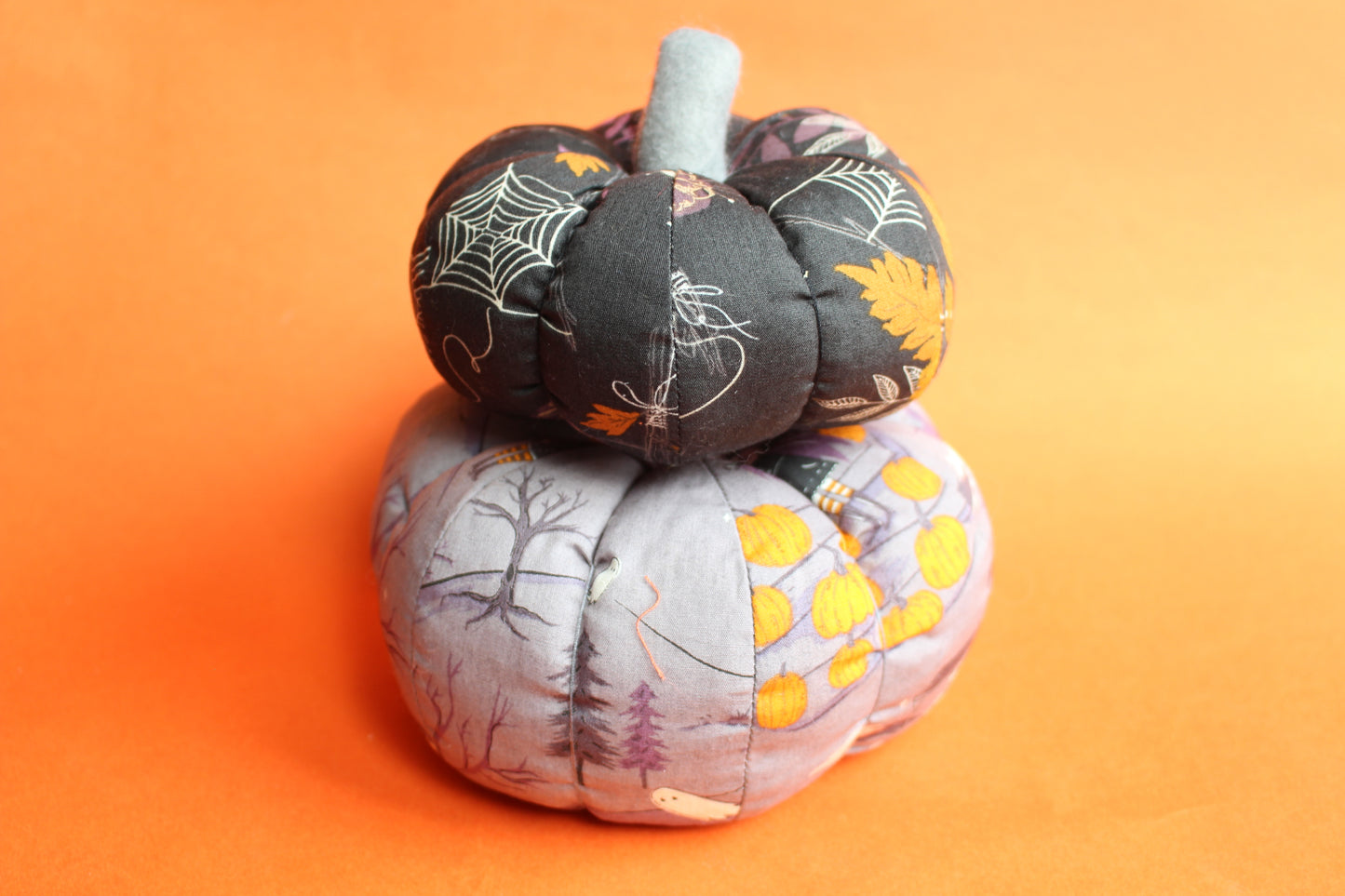 Handmade Fabric Pumpkin Set of 2 - Halloween Scene & Floral Webs