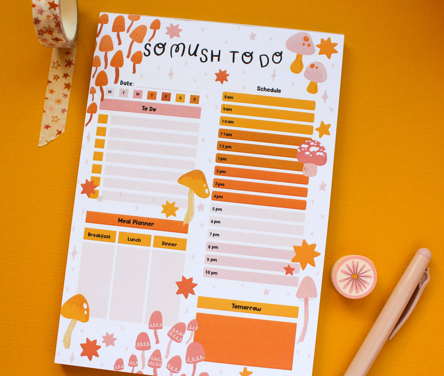 A5 Daily Planner Mushroom 'so mush to do'  Notepad - Colourful Stationery, Organisation, To Do