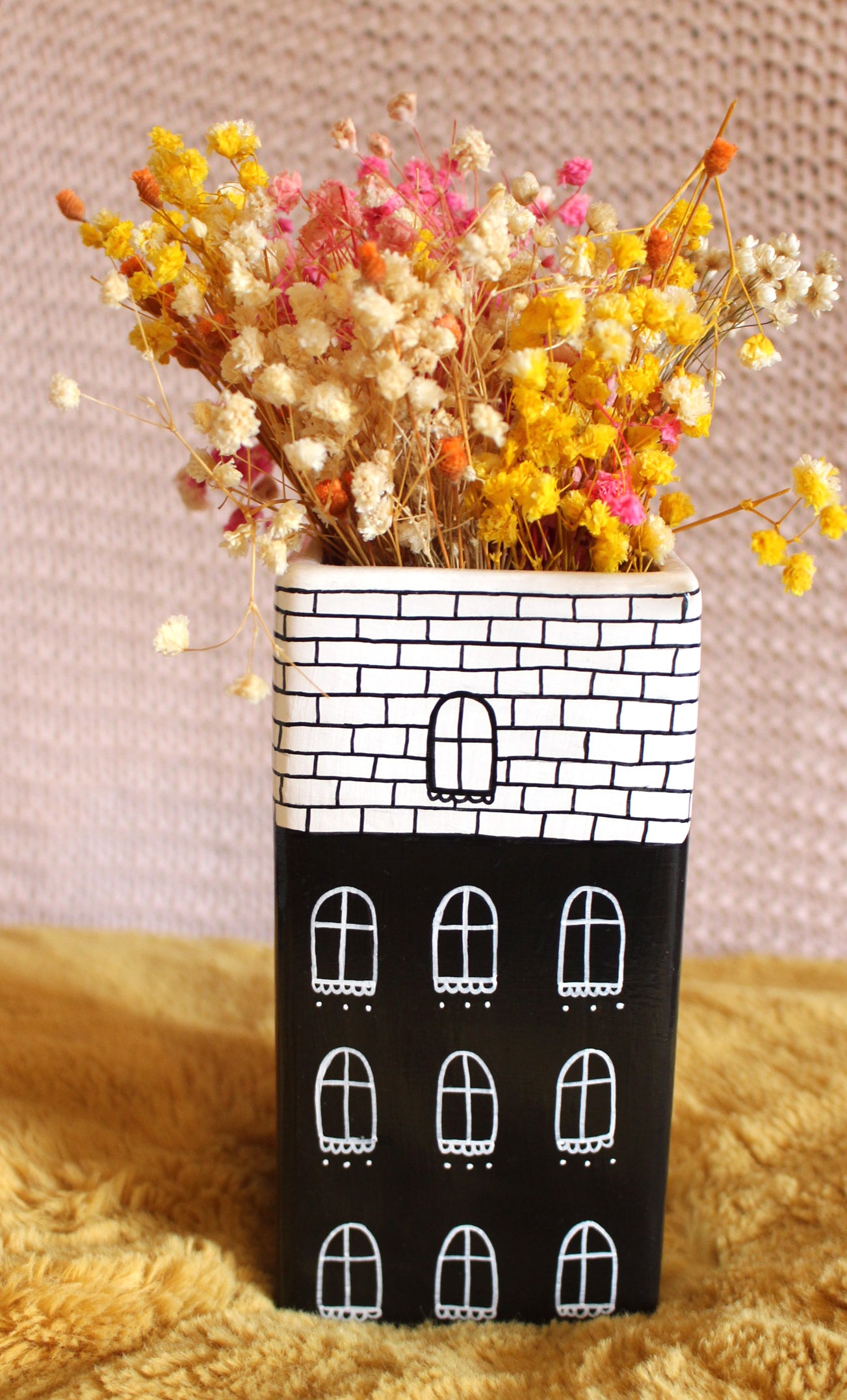 Hand Painted Ceramic House Vase - Black & White